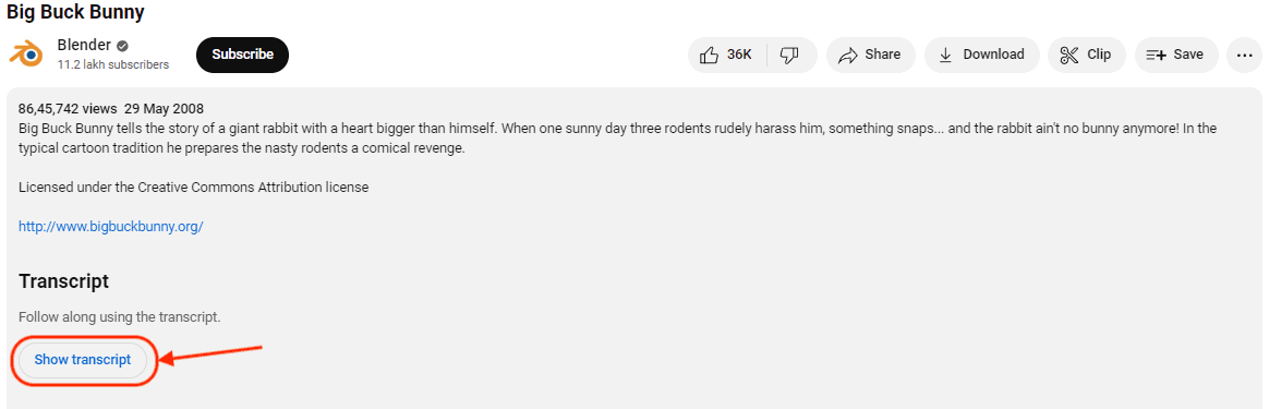 Show transcript option on Youtube